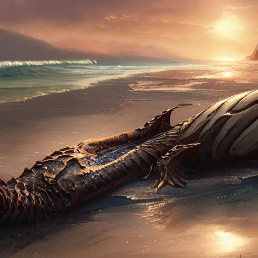 Image similar to a dying beached sea dragon washing up on the shore of a beach by jaime jones, cgsociety, fantasy art, concept art, artstation hd, deviantart hd. highly detailed. dramatic light. masterpiece