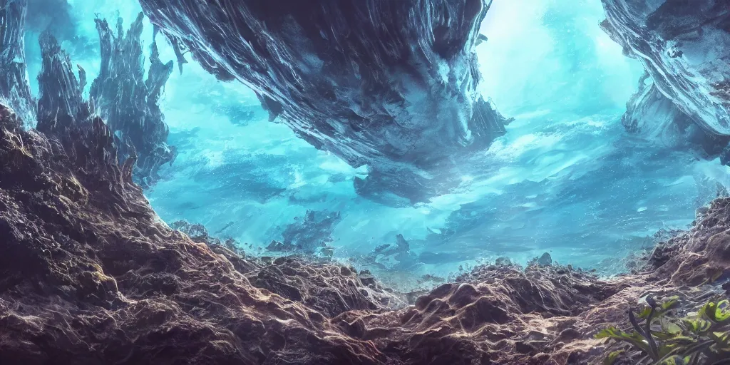 Image similar to vanishing perspective underwater view of the alien landscape on the ocean bed, deep blue ocean color, some plant life, alien landscape, cinematic perspective, cinematic lighting, matte painting, detailed, sci - fi, hdr, 4 k, artstation