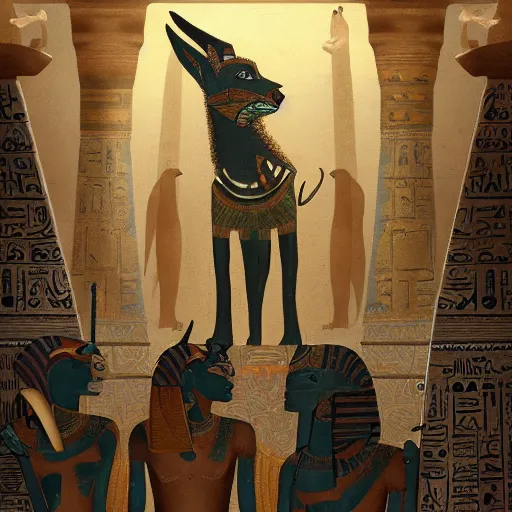 Image similar to a detailed painting of the Egyptian book of the dead, depicting the god of the underworld Anubis, trending on artstation cgsociety, 8k, highly detailed, masterpiece.