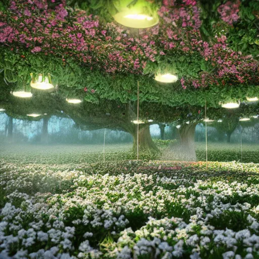 Image similar to organza flower valley in space, octane render, unreal engine, 8 k, ultra hi definition