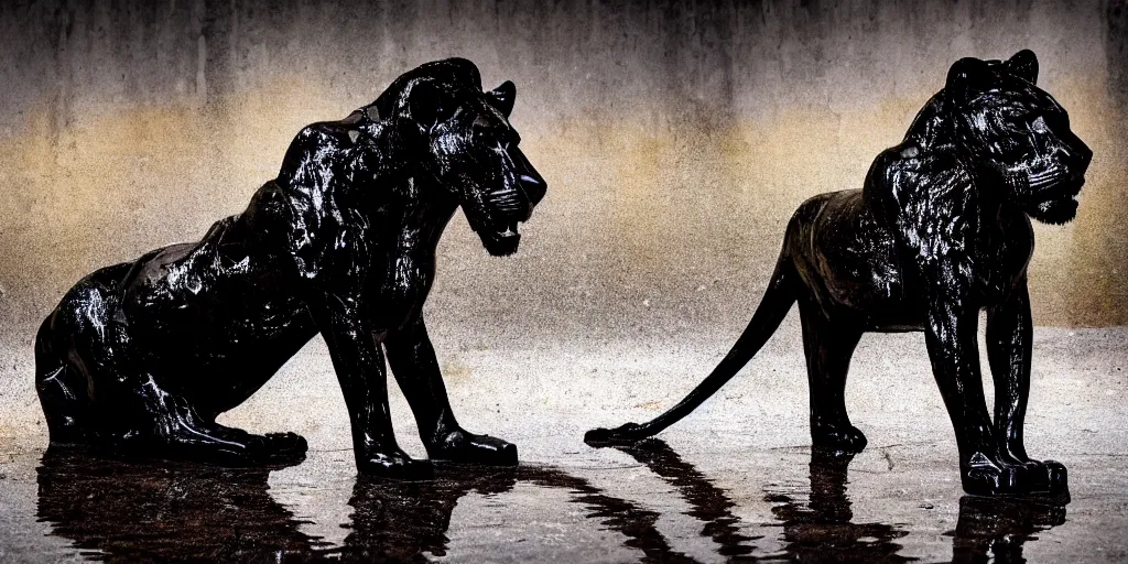 Image similar to the black lioness made of tar, bathing in the bathrub filled with tar, dripping tar, drooling goo, sticky black goo, photography, dslr, reflections, black goo, rim lighting, cinematic light, chromatic, saturated, slime, modern bathroom