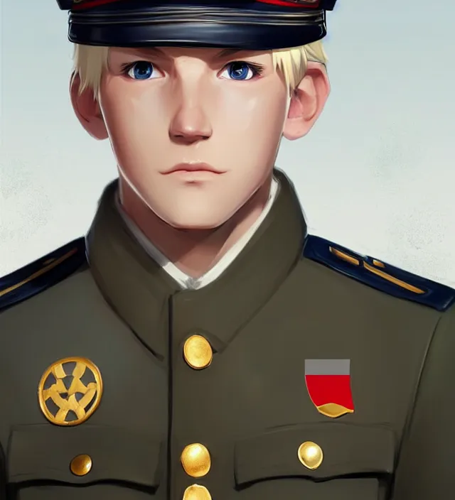 Prompt: character concept art of a cute young german boy with blond hair and bluish eyes, wearing a military uniform. lovely - fine - face, key visual, realistic shaded perfect face, fine details by rossdraws, james jean, andrei riabovitchev, marc simonetti, sakimichan, trending on artstation