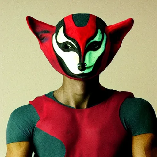 Prompt: an slim athletic beautiful male alien with ombre colored skin wearing a futuristic kitsune mask, painted by michelangelo for the vatican