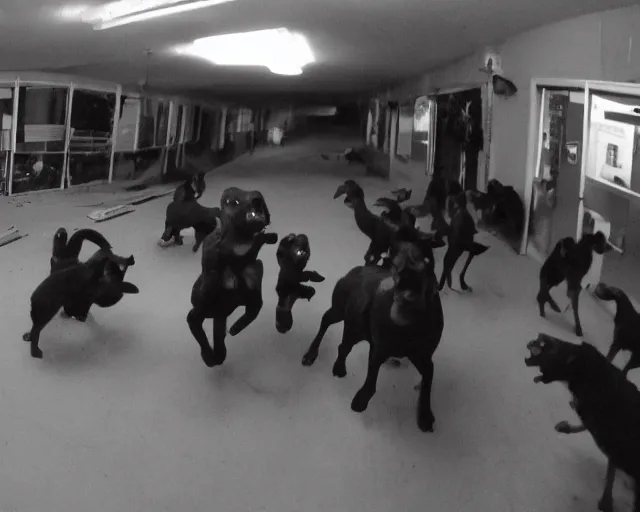 Prompt: camera footage of a Dozens of Aggressive Feral Black Dogs with rabies running in an abandoned shopping mall, high exposure, dark, monochrome, camera, grainy, CCTV, security camera footage, timestamp, zoomed in, Feral, fish-eye lens, Nightmare Fuel, Dog, Evil, Zerg, Brood Spreading, Motion Blur, horrifying, lunging at camera :4