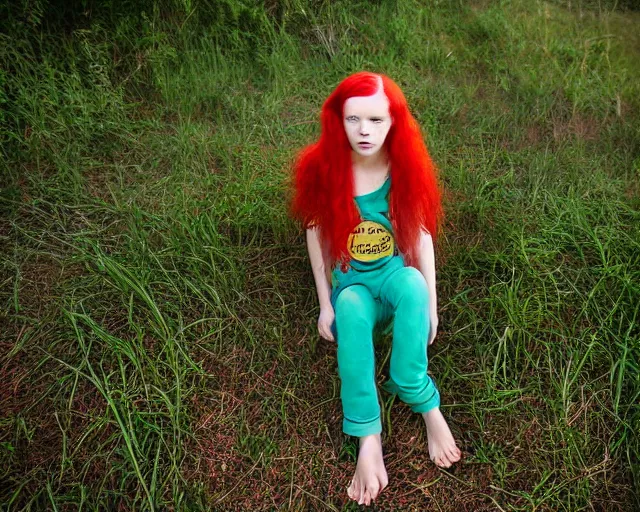 Prompt: A young lady with a round face, very long bright red hair, big green eyes, barefoot, wearing a teal t-shirt and gold overalls, award winning photograph
