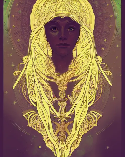 Image similar to a portrait of a galaxy as an androgynous druid sp, occult, ornate, minimal, bust by alphonse mucha, decorative art nouveau border, astrophotography, vast cosmos, digital illustration, trending on artstation