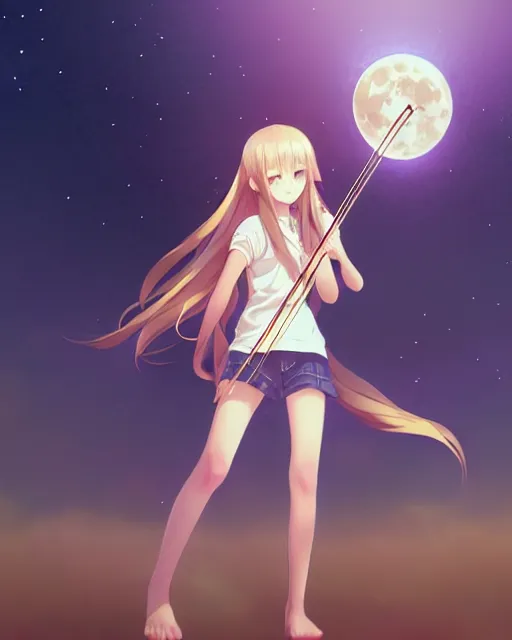 Prompt: teen, cute, melancholy, full body, cat girl, white skin, golden long wavy hair, holding a violin and playing a song, stunning art style, filters applied, lunar time, night sky, trending art, sharp focus, centered, landscape shot, fate zero, simple background, studio ghibly makoto shinkai yuji yamaguchi, by wlop