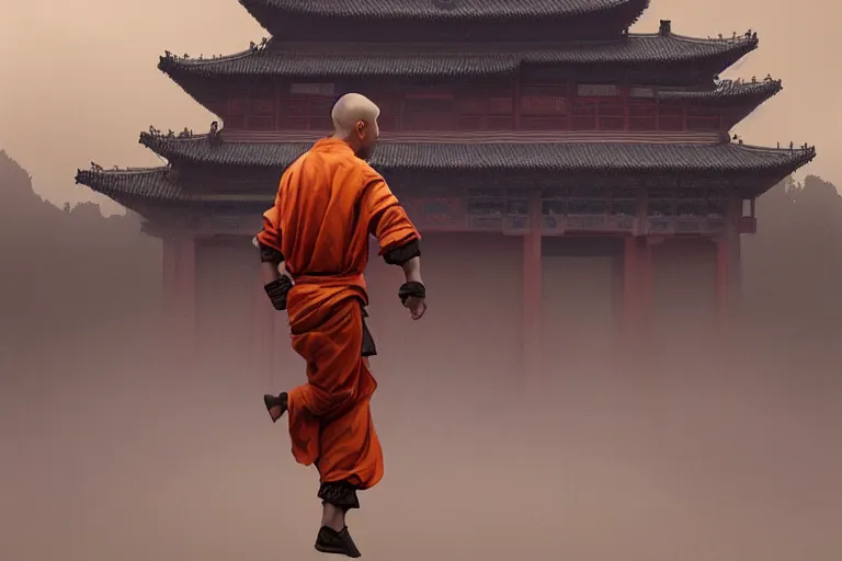 Image similar to a monkey dressed as a shaolin monk, standing in front of an ancient chinese palace, cinematic, dramatic lighting, digital art, artstation, greg rutkowski