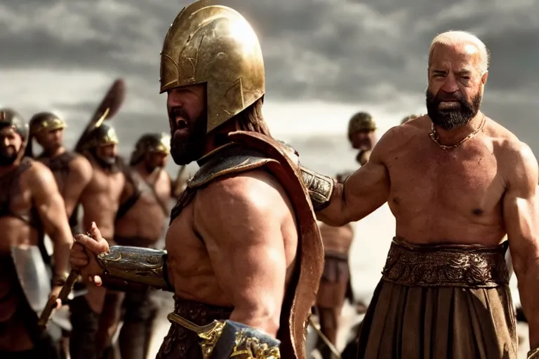 Image similar to epic cinematic action shot of joe biden as leonidas in 3 0 0 movie, 8 k