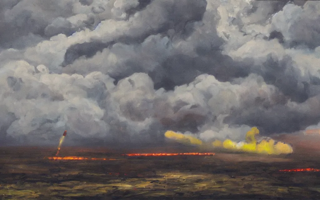 Image similar to rockets, ominous sky, oil on canvas, by edelfelt