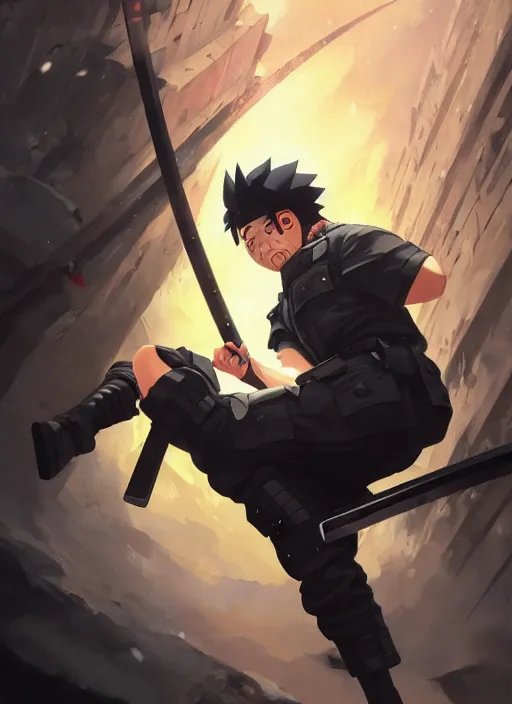 Image similar to highly detailed polish policeman fighting with katana wielding naruto uzumaki with black hair, fighting with polish policeman art by greg rutkowski, loish, rhads, ferdinand knab, makoto shinkai and lois van baarle, ilya kuvshinov, rossdraws, tom bagshaw, global illumination, radiant light, detailed and intricate environment