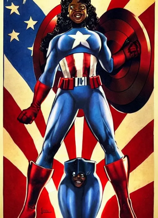 Image similar to beautiful black female captain america. afro - feminist captain america wins wwii. american wwii propaganda poster by james gurney, rob liefeld and pixar. gorgeous face. overwatch, realistic. black power