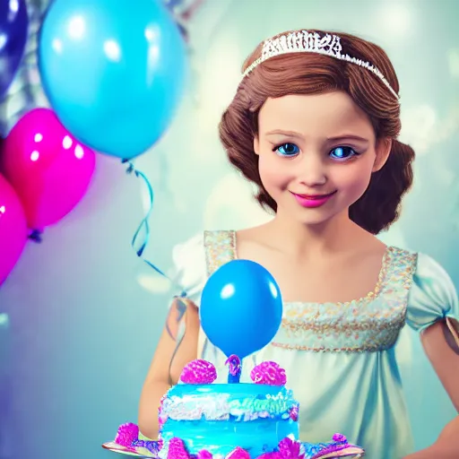 Image similar to a closeup photorealistic photograph of disney princess sophia at her birthday holding balloons and eating cake. brightly lit scene. this 4 k hd image is trending on artstation, featured on behance, well - rendered, extra crisp, features intricate detail, epic composition and the style of unreal engine.