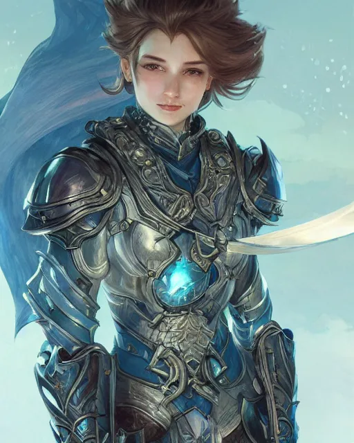 Image similar to Fantasy azure knight, moonlit, HD, illustration, epic, D&D, fantasy, intricate, elegant, highly detailed, digital painting, artstation, concept art, smooth, sharp focus, illustration, art by artgerm and greg rutkowski and alphonse mucha, monster hunter illustrations art book