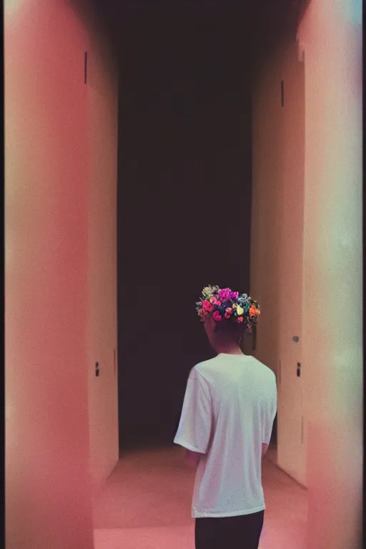 Image similar to kodak portra 4 0 0 photograph of a skinny guy looking into a otherworldly portal, flower crown, back view, vaporwave colors, grain, moody lighting, moody aesthetic,