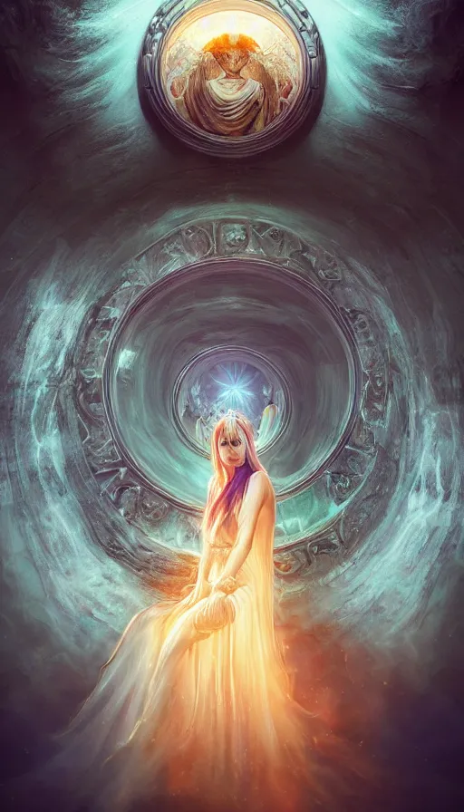 Prompt: goddess of illusion, beautiful, stunning, breathtaking, mirrors, glass, magic circle, magic doorway, fantasy, mist, bioluminescence, hyper - realistic, unreal engine, with unreal engine