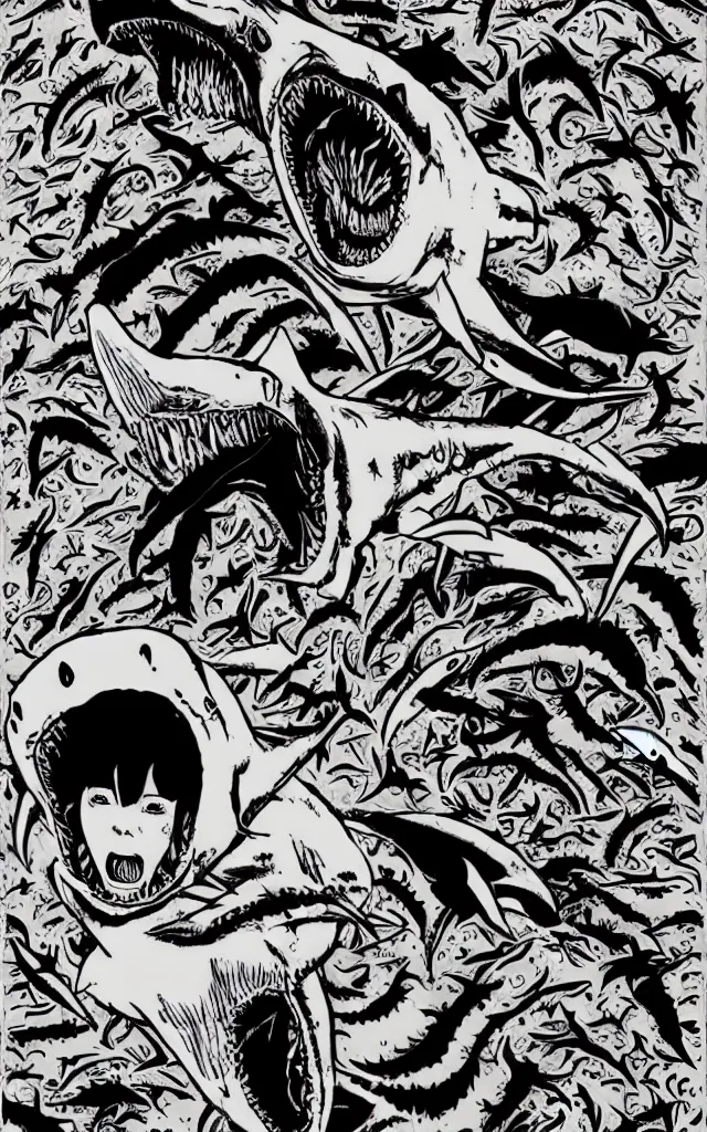 Image similar to Sharknado in the style of junji ito, horror, manga, shark, complex