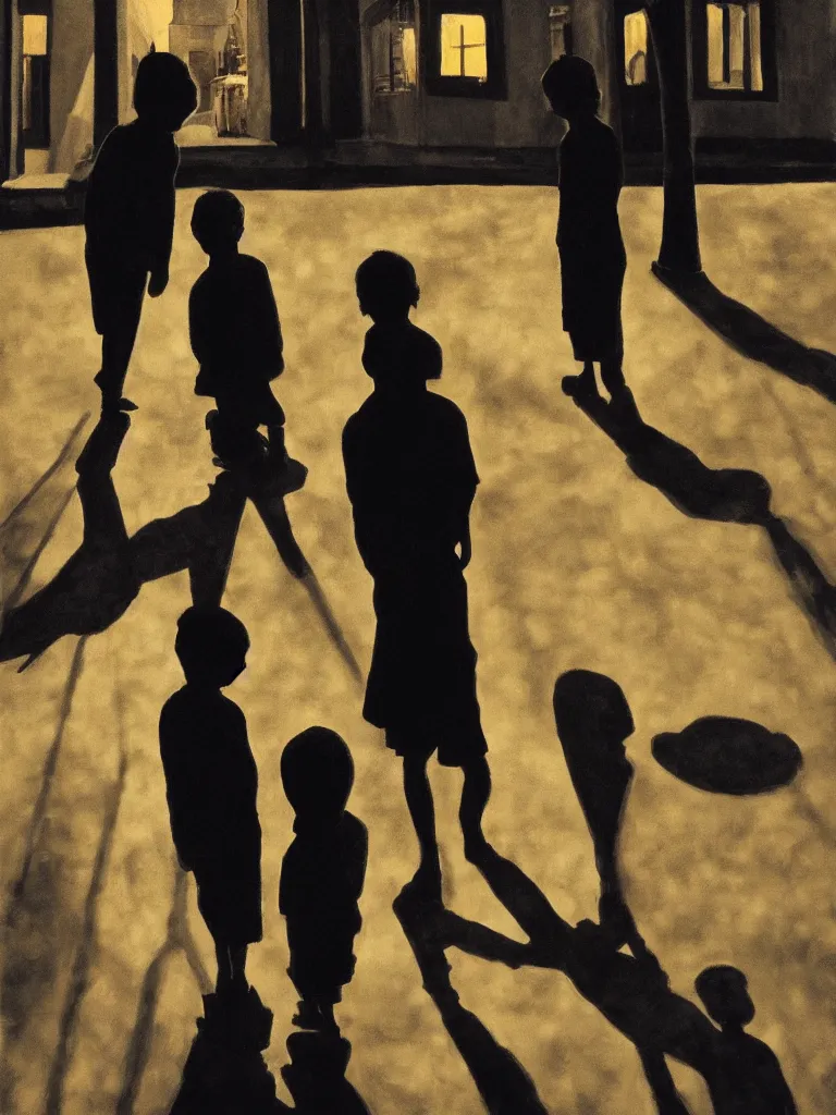 Prompt: backlit portrait of 2 kids posing at night, by alice neel, high definition, shadows, silhouette, intricate details, atmospheric, town square, dark, vegetation, small town, god light