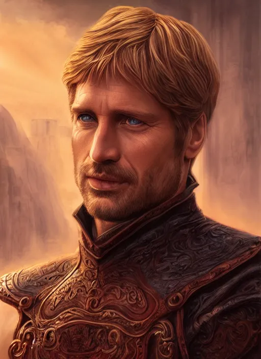 Prompt: jamie lannister by anne stokes and larry elmore, detailed matte painting, realistic portrait, symmetrical, highly detailed, digital painting, artstation, concept art, smooth, sharp focus, illustration, cinematic lighting, 8 k resolution