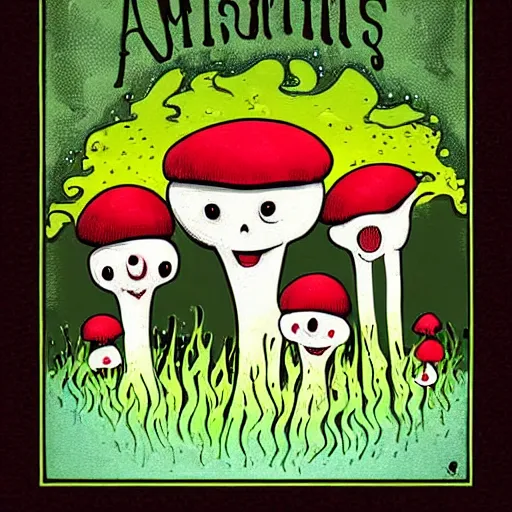 Prompt: a grinning mushroom family by tim doyle and anna dittmann, macabre | dark art