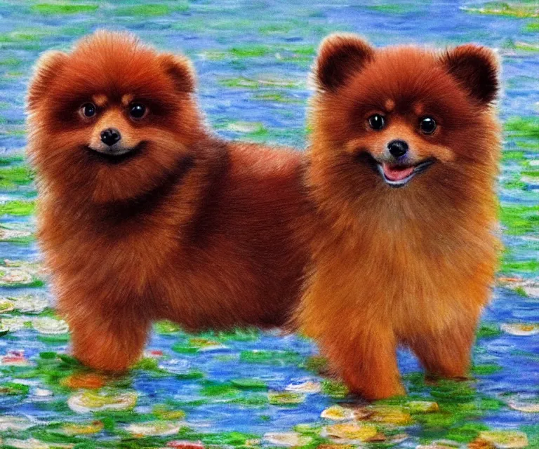 Image similar to brown pomeranian, cute, monet, water painting