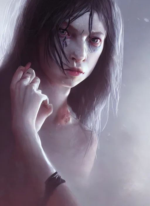 Image similar to portrait of sinister girl with thin evil lips, skeksis, unforgiving, bandaid on nose, expressive eyes, full body, translucent skin, greg rutkowski, charlie bowater, yuumei, stephen gammell, unreal 5, daz, hyperrealistic, octane render, rpg portrait, dynamic lighting, fantasy art, beautiful face