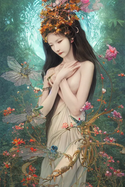 Image similar to breathtaking detailed concept art painting of the goddess of bug, orthodox saint, with anxious, piercing eyes, ornate background, amalgamation of leaves and flowers, by Hsiao-Ron Cheng, James jean, Miho Hirano, Hayao Miyazaki, extremely moody lighting, 8K