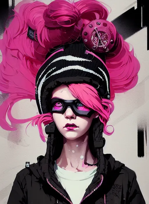 Image similar to highly detailed portrait of a sewer punk lady, tartan hoody, blonde ringlet hair by atey ghailan, by greg rutkowski, by greg tocchini, by james gilleard, by joe fenton, by kaethe butcher, gradient magenta, black, blonde cream and white color scheme, grunge aesthetic!!! ( ( graffiti tag wall background ) )