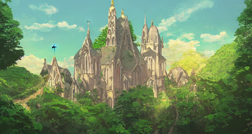 Prompt: view of a catholic church on a forested mountain, in the style of studio ghibli, distant, detailed, artstation, award winning painting