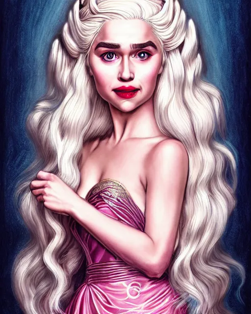 Image similar to closeup portrait happy beautiful daenerys targaryen with long blonde windblown hair in an ornate royal dress, standing on a street in chinatown, pink lipstick, glamour pose, detailed illustration, digital art, trending on artstation, arney freytag, frank miller, moebius, graffiti,