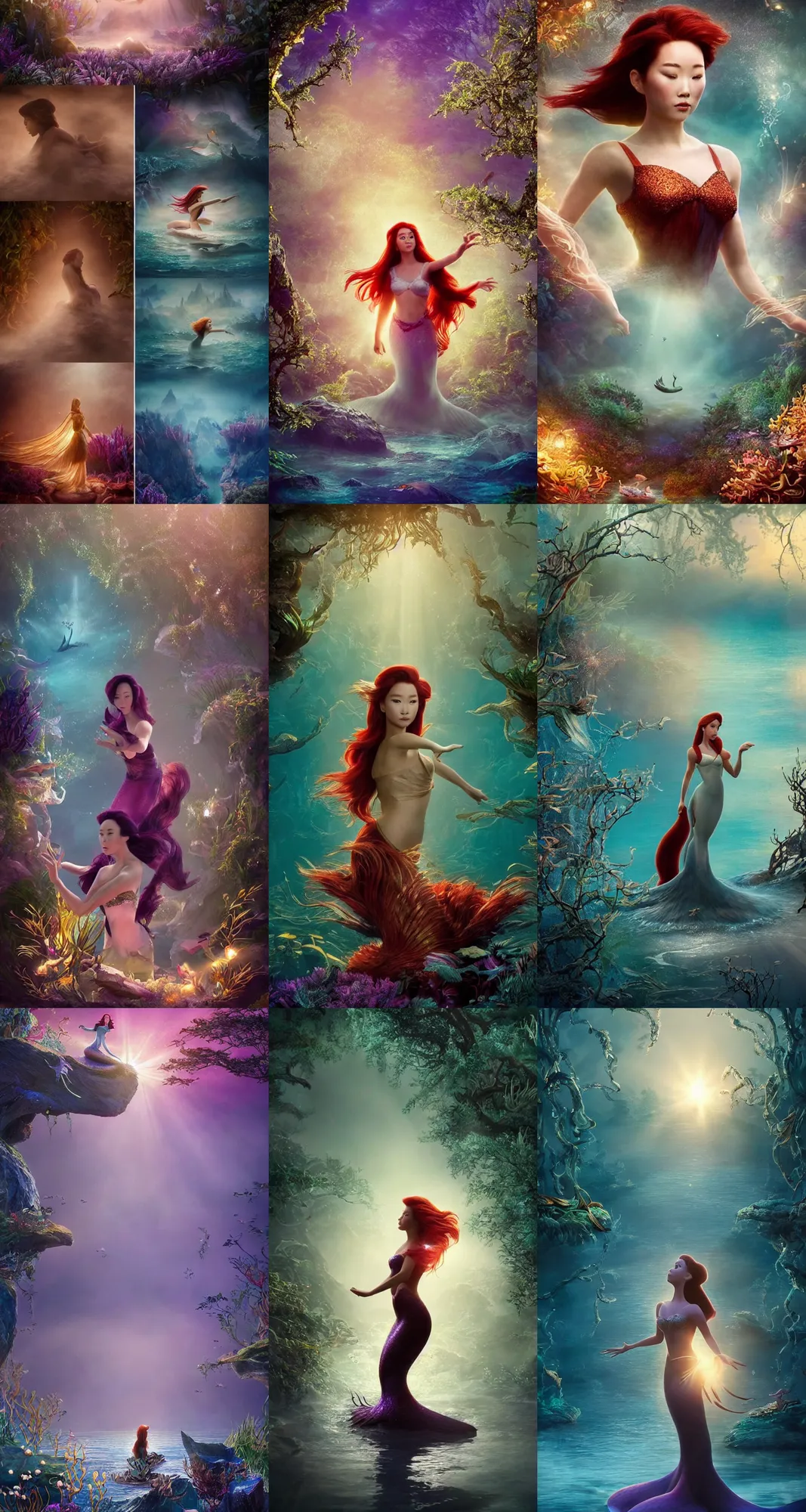 Prompt: Beautiful!!! realistic cinematic stills from the Little Mermaid and Mulan crossover, full-body, dynamic poses, mystical forest lagoon, glowing glittery dust in the air, twilight, sunset, gloomy, eerie atmosphere, dynamic pose, ornate attire, intricate gold and crystal jewelry, diaphanous iridescent cloth, cinematic lighting, god rays, volumetric fog, bloom, by Alphonse Mucha, by Bouguereau, by Rubens, by Luis Ricardo Falero, fantasy, portfolio illustration, highly detailed, trending on Artstation, CGsociety, HQ, 8k, 35mm lens, f2.8, Bokeh,