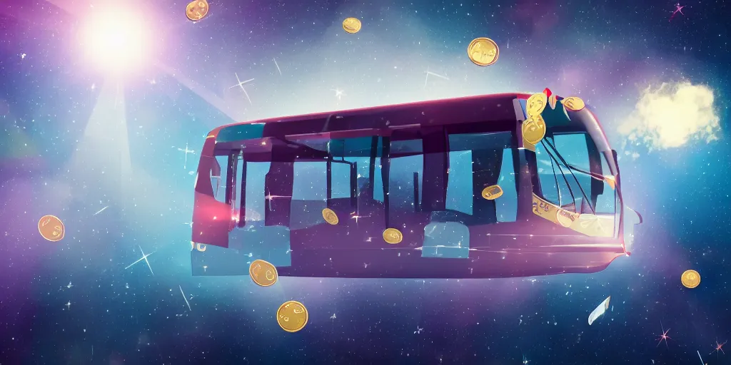 Image similar to a bus driving in outer space with money flying out of the bus windows. illustrated, high resolution 4k