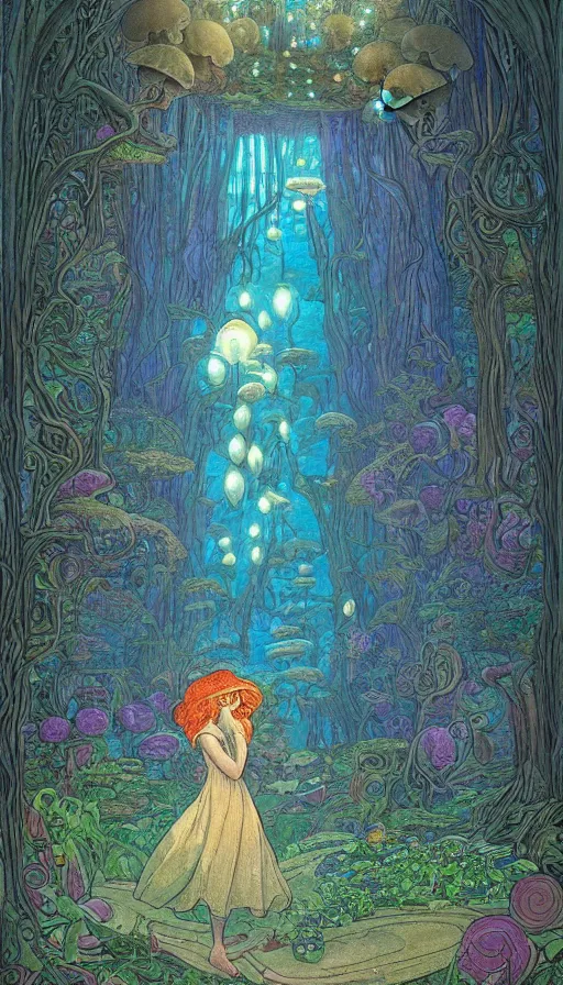 Prompt: mushroom girl, beautiful, stunning, breathtaking, mirrors, glass, magic circle, magic doorway, fantasy, mist, bioluminescence, hyper - realistic, unreal engine, by ivan bilibin,