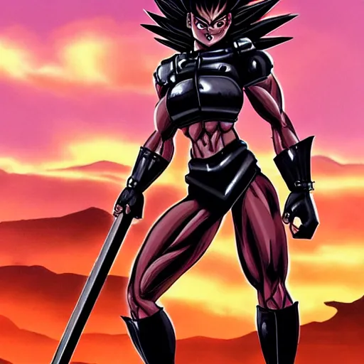Image similar to Muscular ultraviolent woman, wild spiky black Saiyan hair, electrified hair, chrome armor, heavy chestplate armor, black spandex, holding jagged scimitar, palm trees, red sky, destroyed mountains, chrome military base, 1987 video game boxart, pulp art, hyper-detailed