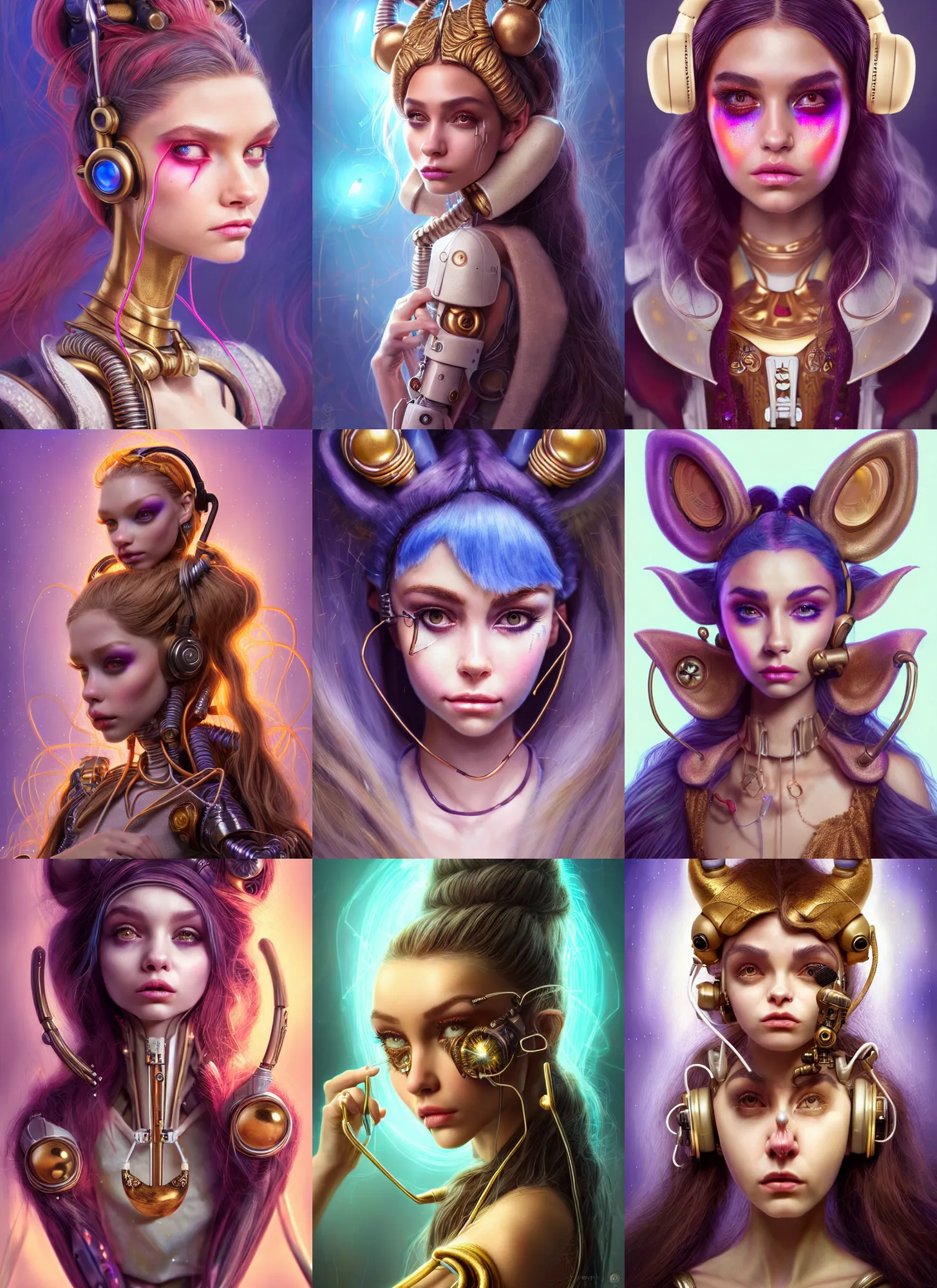 Prompt: disney weta portrait, soft lustrous ivory biotech raver clowncore madison beer broken cyborg, earbuds, golden ratio, details, sci - fi, fantasy, cyberpunk, intricate, decadent, highly detailed, digital painting, ever after high, octane render, artstation, concept art, smooth, sharp focus, illustration, art by artgerm, loish, wlop