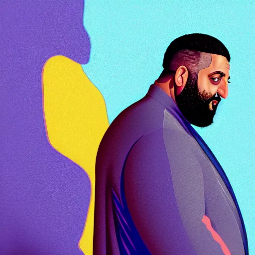 Image similar to ultra realistic portrait of dj khaled in a studio, ultra detailed, under blue, red and yellow cinematic lighting, salvador dali, cartoon, monument valley, escher