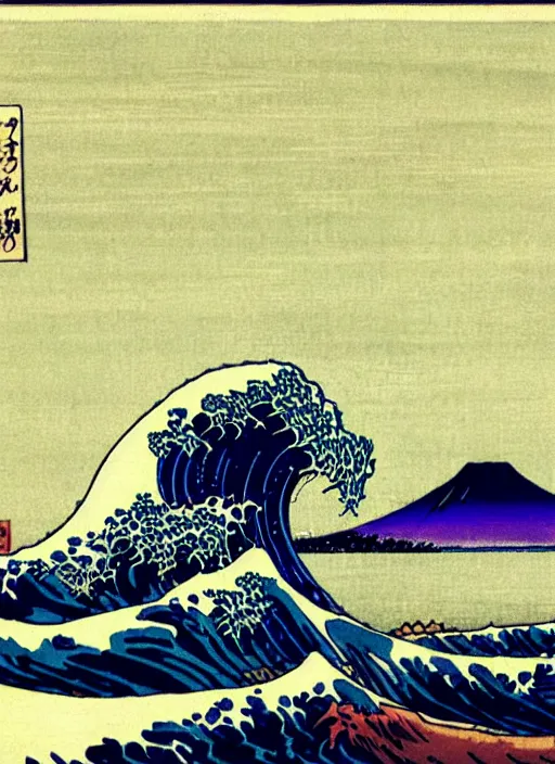 Prompt: a painting of waves in the ocean with mountains in the background, a woodcut by utagawa hiroshige ii, pixiv, ukiyo e, ukiyo e, vaporwave, woodcut