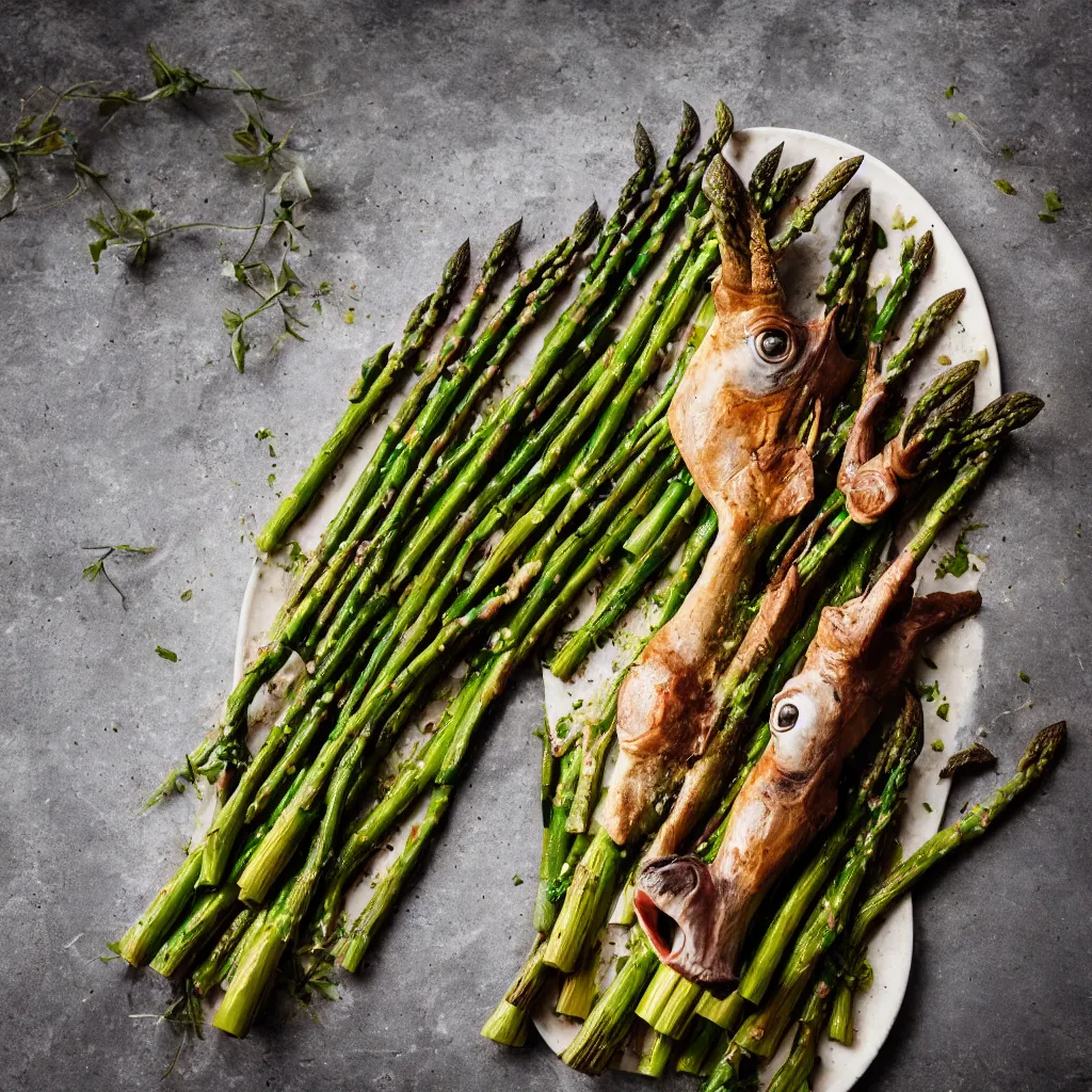 Image similar to roasted unicorn head served with green asparagus. 4 k food photography, image from bbc good food magazine