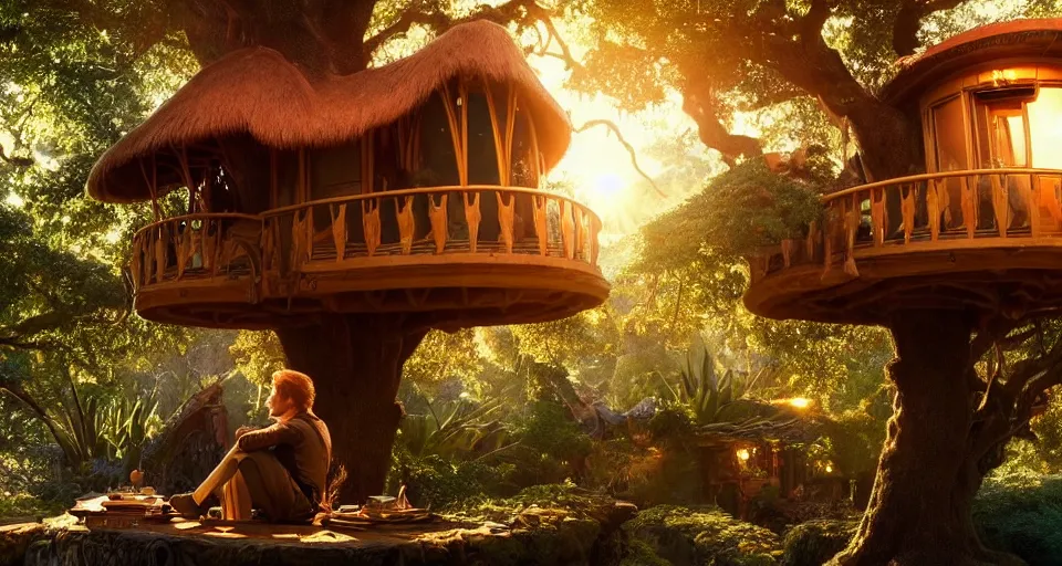 Prompt: An incredibly beautiful shot from a 2022 Marvel film featuring a character sitting in a cozy art nouveau reading nook inside a fantasy treehouse. Golden Hour. 8K UHD.