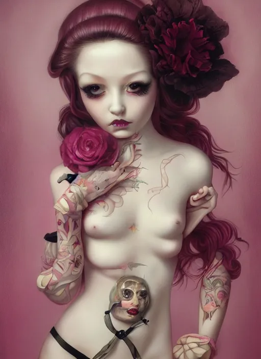 Prompt: pop surrealism, lowbrow art, realistic seductive cute woman painting, pink body harness, japanese shibari, hyper realism, muted colours, rococo, natalie shau, loreta lux, tom bagshaw, mark ryden, trevor brown style,