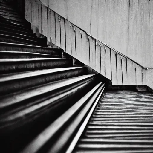 Image similar to black and white press photograph, highly detailed space of stairs, stairs and stairs, detailed textures, natural light, mist, architecture photography, film grain, soft vignette, sigma 8 5 mm f / 1. 4 1 / 1 0 sec shutter, darren aronofsky film still promotional image, imax 7 0 mm footage