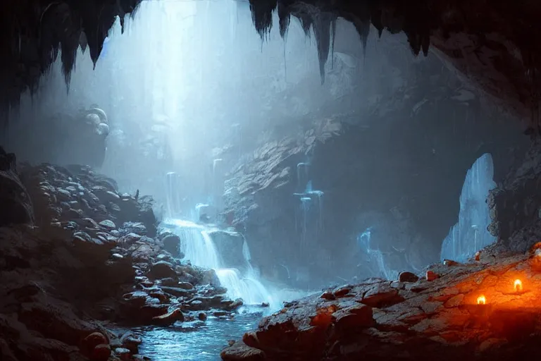Prompt: inside of a dark cave, small water stream, orange minerals, fantasy, highly detailed, art by greg rutkowski