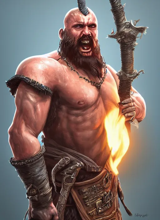 Image similar to A fantasy comic book style portrait painting of a grim barbarian warrior, unreal 5, DAZ, hyperrealistic, octane render, cosplay, RPG portrait, dynamic lighting