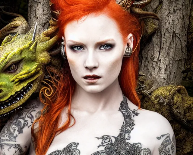 Image similar to 5 5 mm portrait photo of an armored gorgeous anesthetic redhead woman warrior with a face tattoo and horns growing from her head, and small dragon sitting on her shoulder in a magical forest in the style of stefan kostic, art by luis royo. highly detailed 8 k. intricate. lifelike. soft light. nikon d 8 5 0. cinematic post - processing