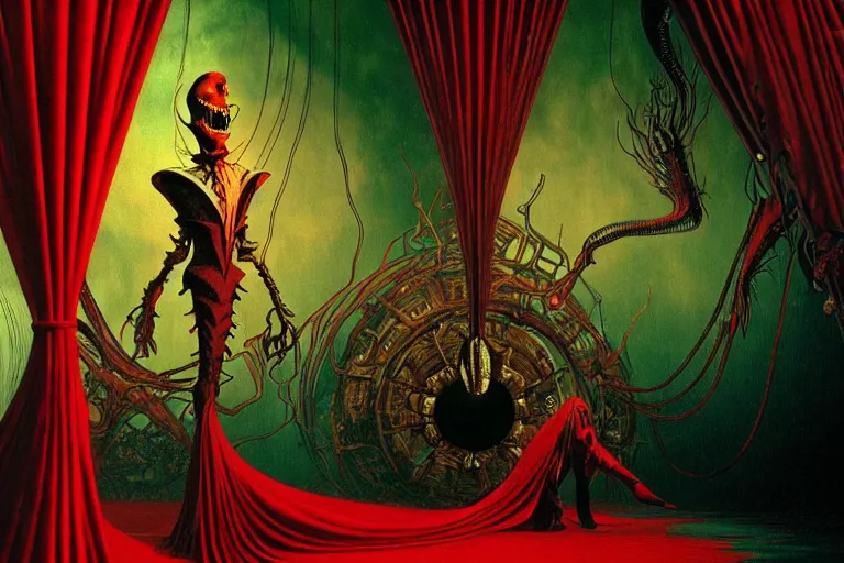 Prompt: extremely detailed movie shot portrait of a dark bizarre figure standing in a checkerboard room by denis villenueve, yves tanguy, ernst haeckel, roger dean, amano, alphonse mucha, ridley scott dynamic composition, rich moody colours, red drapes, octane render