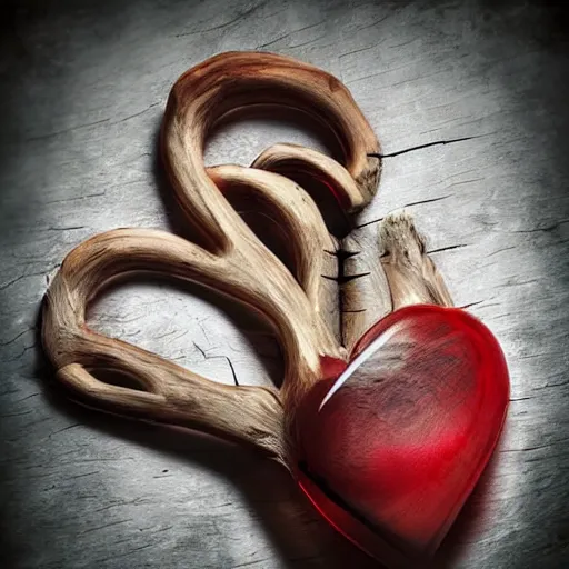 Prompt: human heart made of glass and wood, realistic fantasy photography