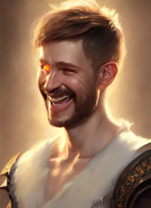 Image similar to a _ fantasy _ style _ portrait _ painting _ of white male short fringe light brown hair short face grinning, rpg dnd oil _ painting _ unreal _ 5 _ daz. _ rpg _ portrait _ extremely _ detailed _ artgerm _ greg _ rutkowski _ greg