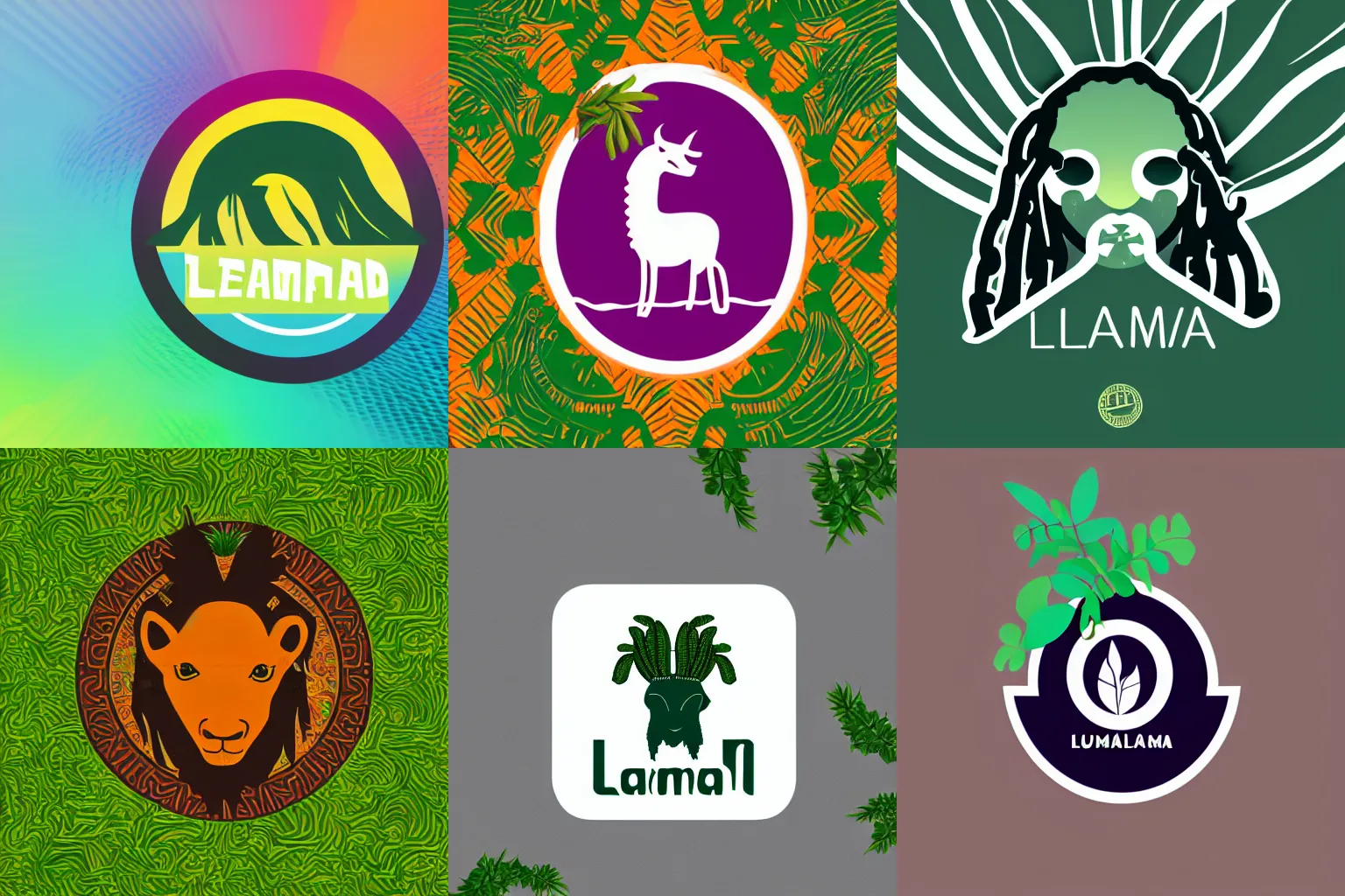 Prompt: logo in abstract style, lama with dreadlocks, green plants