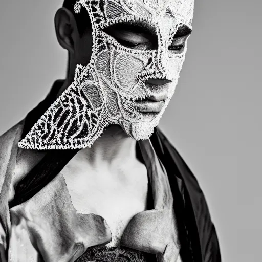 Image similar to a beautiful egyptian young male wearing a translucid lace wedding mask designed by alexander mcqueen, photographed by andrew thomas huang for a fashion editorial