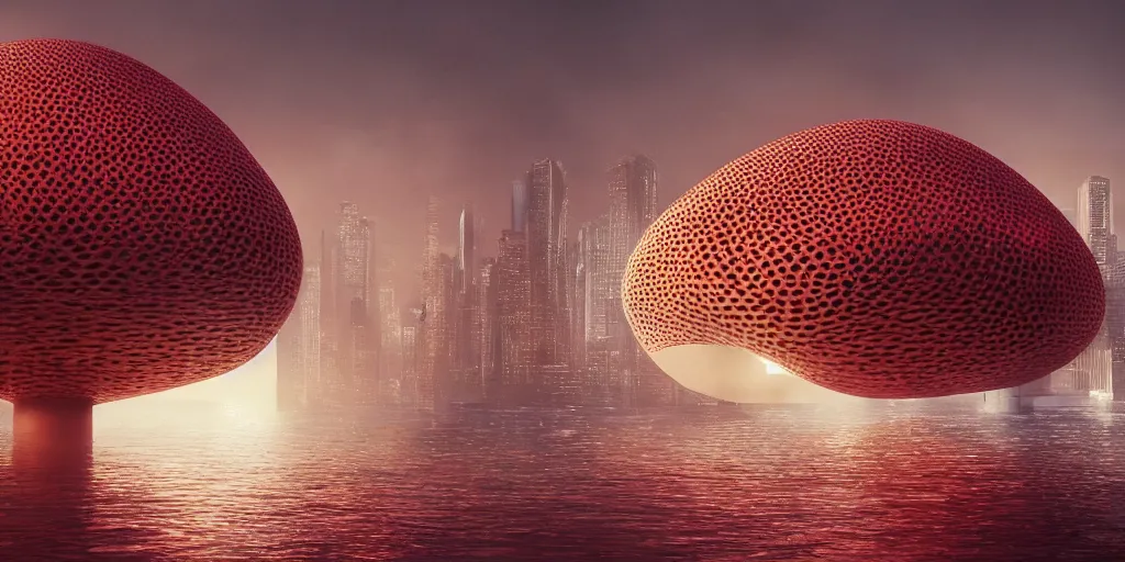 Image similar to An epic architectural rendering of a blob shaped trypophobia house with a mysterious red glow emitting from inside in a modern cityscape next to a river, by Zaha Hadid and Greg Rutkowski, tunning, gorgeous, golden ratio, photorealistic, featured on artstation, 4k resolution